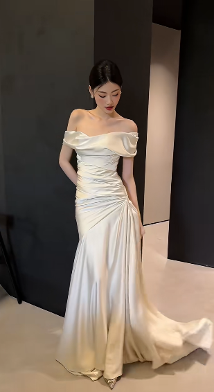 Elegant Mermaid Off The Shoulder Satin Long Wedding Dresses C4379