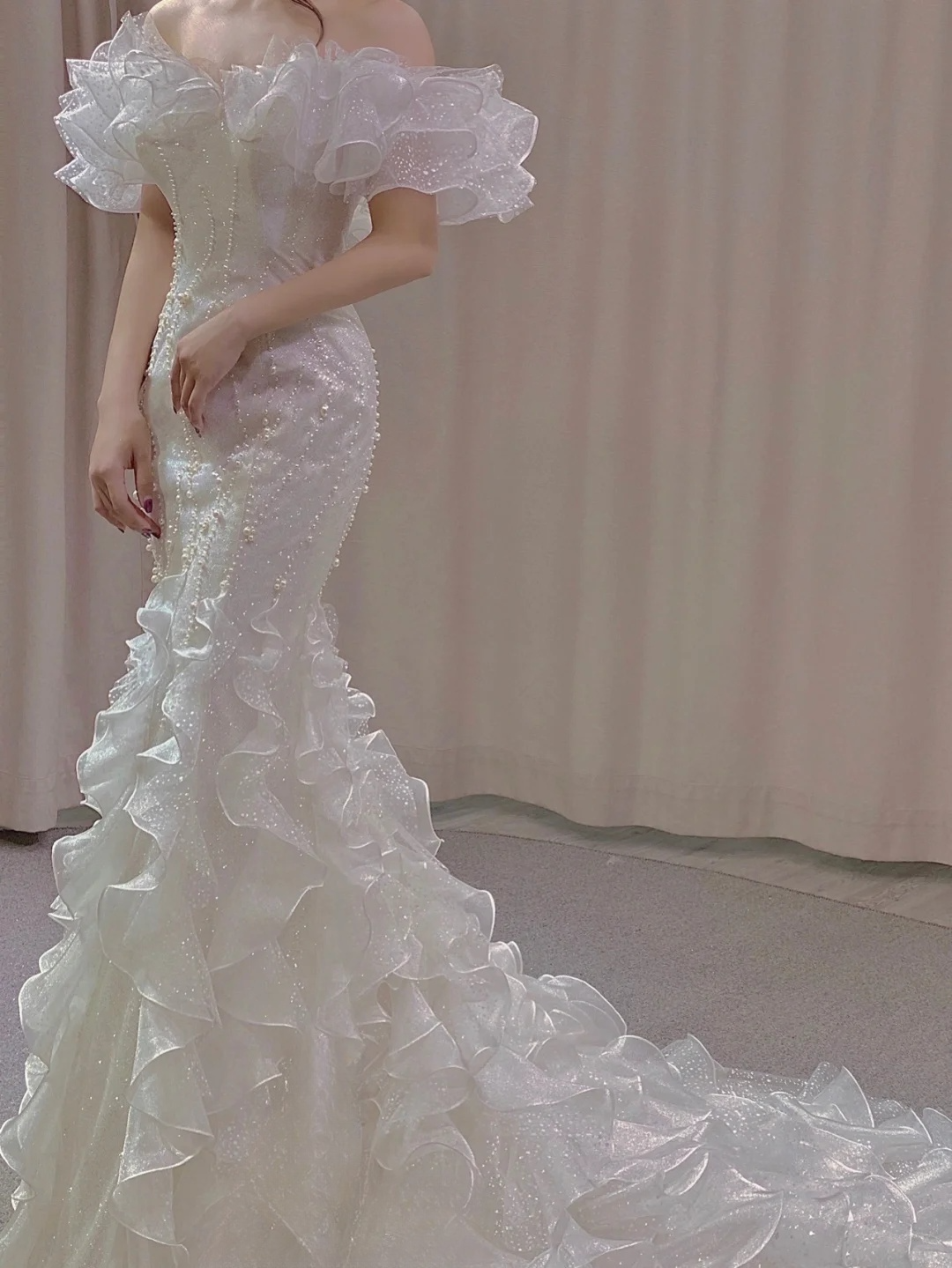 Stunning Mermaid Off The Shoulder Satin Sequin Beads Long Wedding Dresses C4386