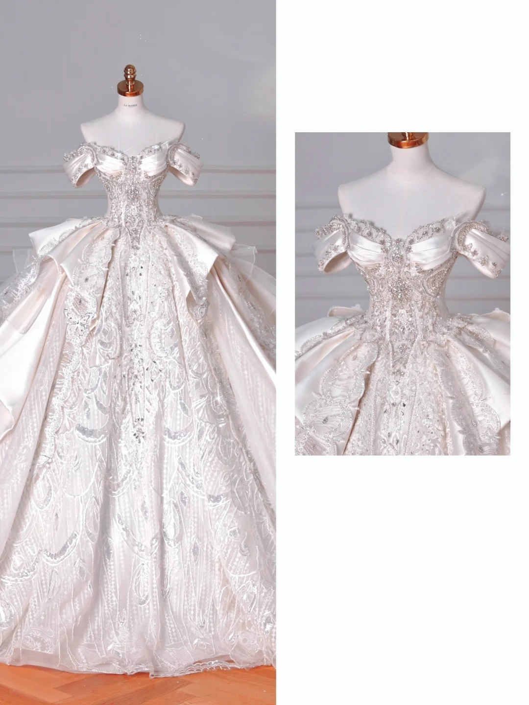 Timeless Ball Gown Off The Shoulder Satin Tulle Lace Sequin Beads Long Wedding Dresses C4388