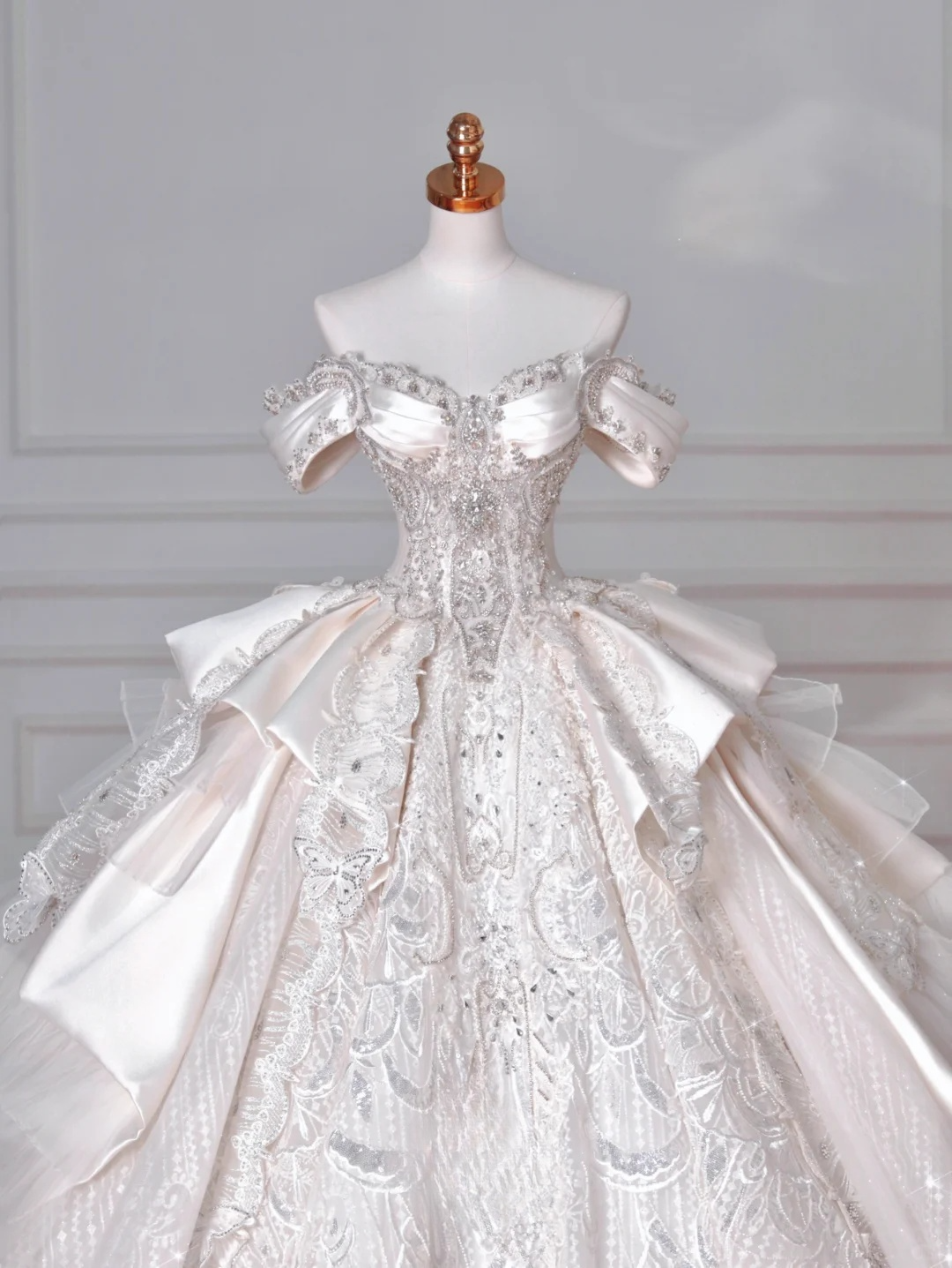 Timeless Ball Gown Off The Shoulder Satin Tulle Lace Sequin Beads Long Wedding Dresses C4388