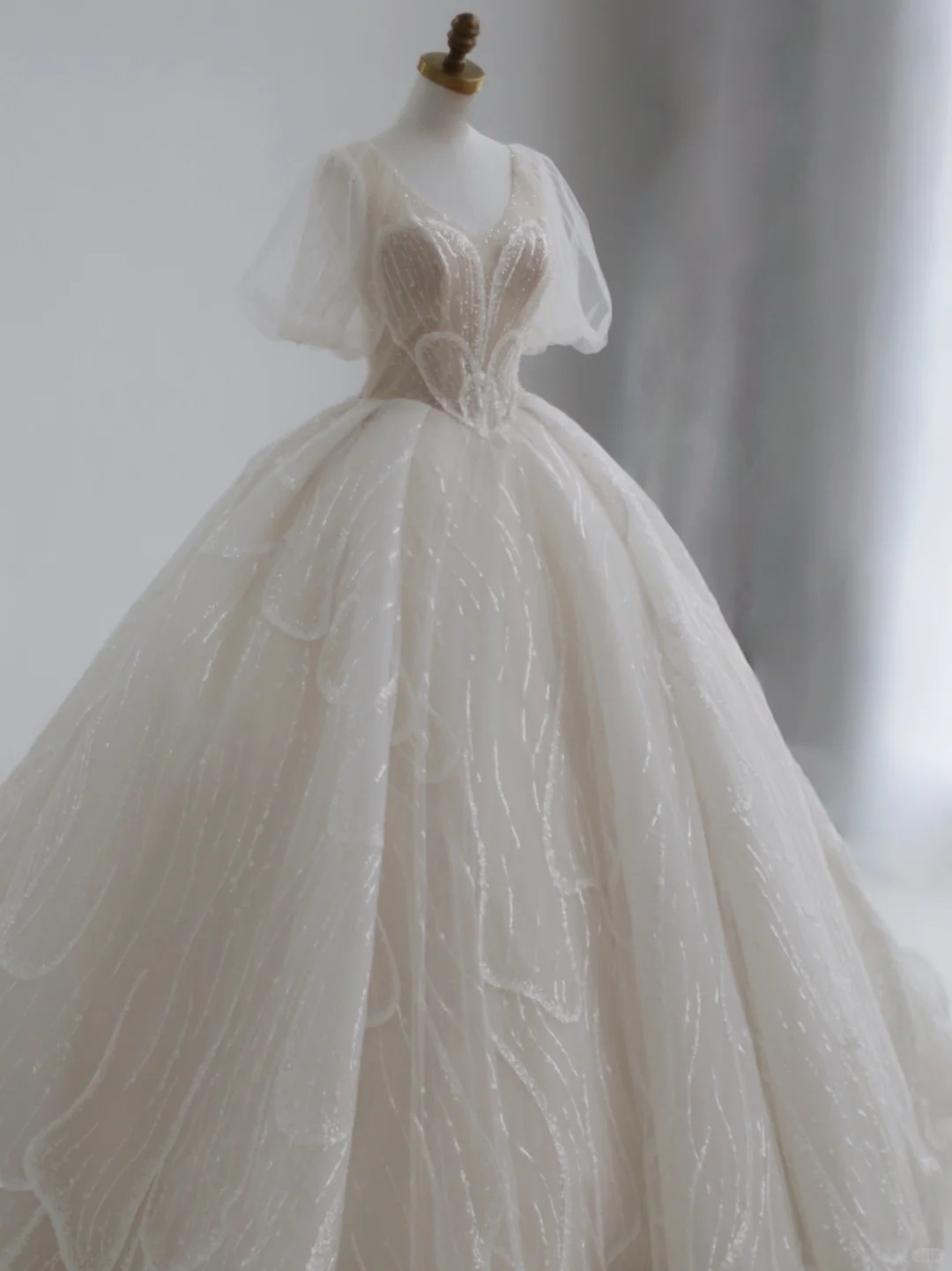 Classy Ball Gown V Neck Tulle Sequin Short Sleeves Long Wedding Dresses C4391