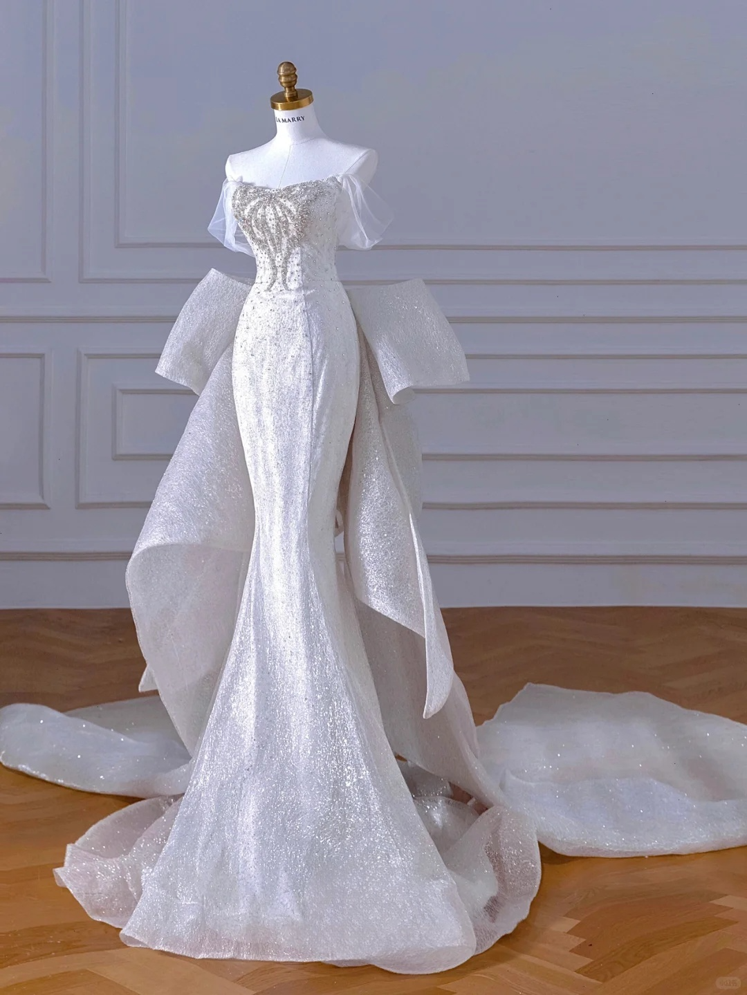 Glitter Mermaid Off The Shoulder Satin Sequin Beads Back With Bow Long Wedding Dresses C4392