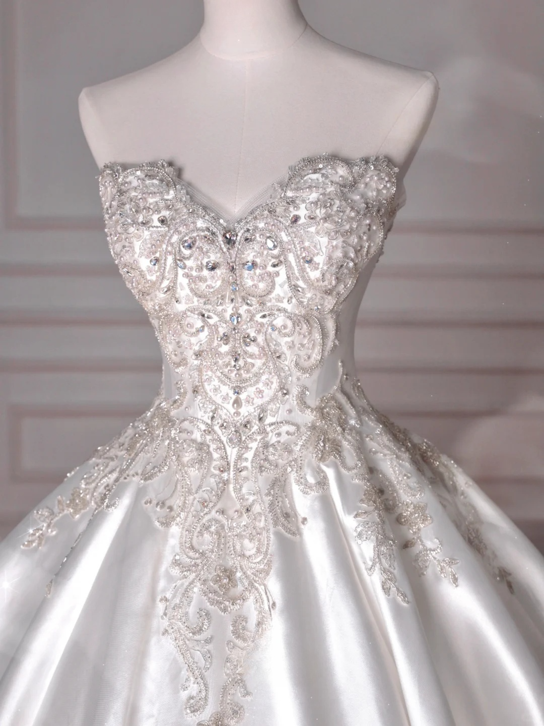 Dreamy Ball Gown Strapless Satin Sequin Beads Long Wedding Dresses C4393