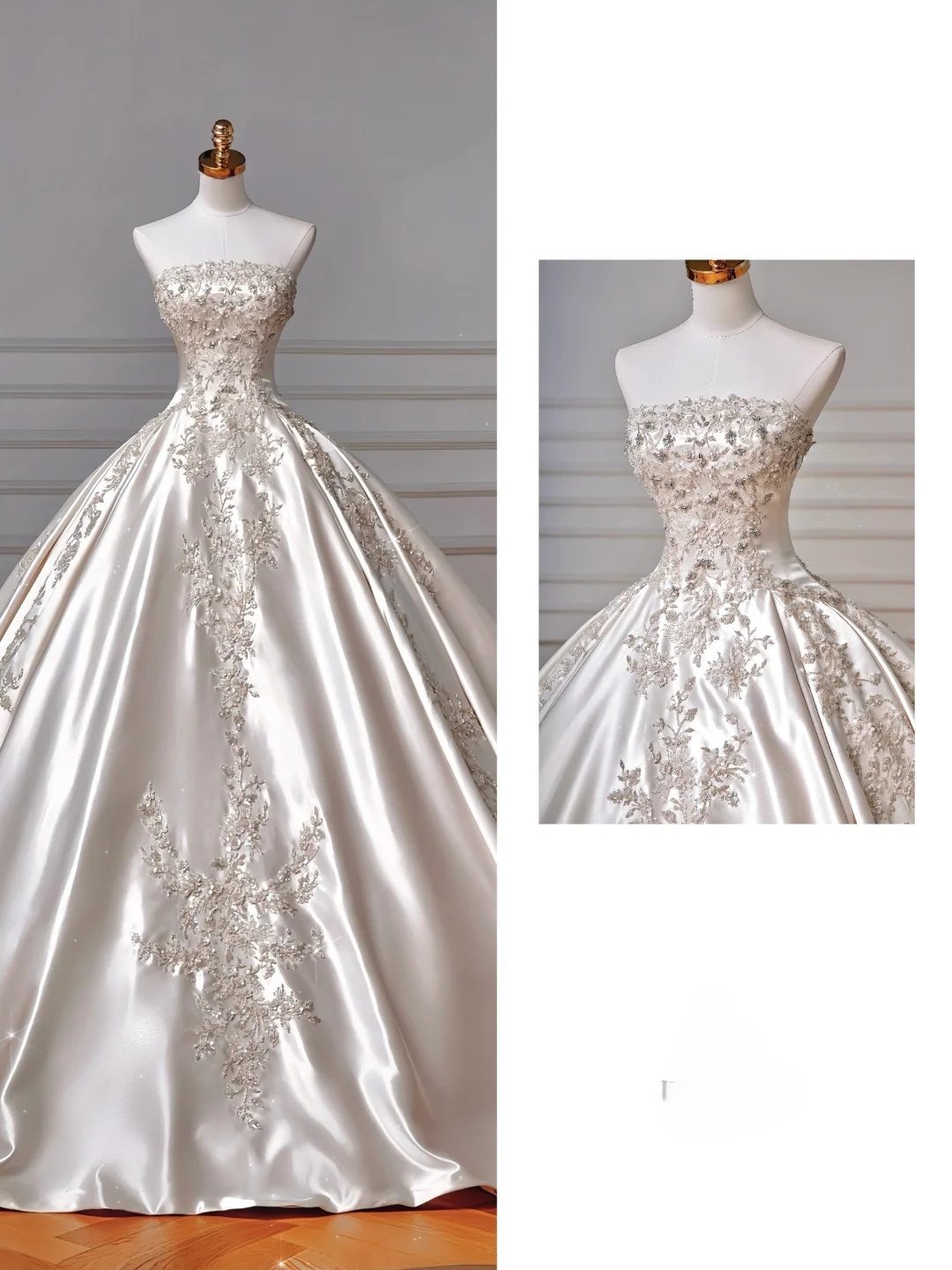 Gorgeous Ball Gown Strapless Satin Sequin Beads Long Wedding Dresses C4403