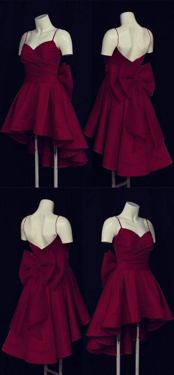 Burgundy A Line Spaghetti Straps Satin Back With Bow Short Homecoming Dress 18th Birthday Outfits C4412
