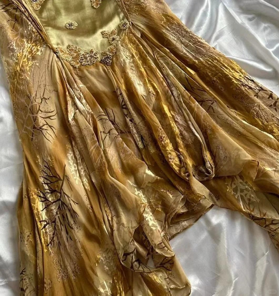 Gold Charming A Line Spaghetti Straps Satin Chiffon Printed Applique Long Prom Dresses Formal Dress C4438