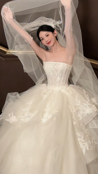 Dreamy Ball Gown Strapless White Tulle Lace With Gloves Veil Long Wedding Dresses C4442