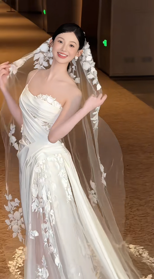 Timeless A Line One Shoulder Strap Satin Tulle Applique With Veil Long Wedding Dresses C4444