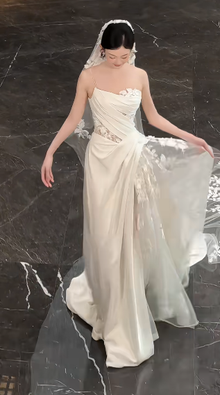 Timeless A Line One Shoulder Strap Satin Tulle Applique With Veil Long Wedding Dresses C4444