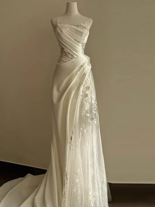 Timeless A Line One Shoulder Strap Satin Tulle Applique With Veil Long Wedding Dresses C4444