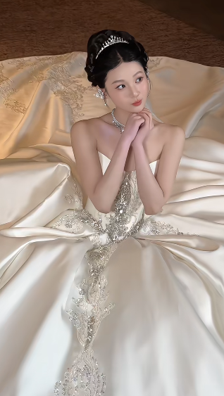 Gorgeous Ball Gown Strapless Satin Sequin Beads With Veil Long Wedding Dresses C4445