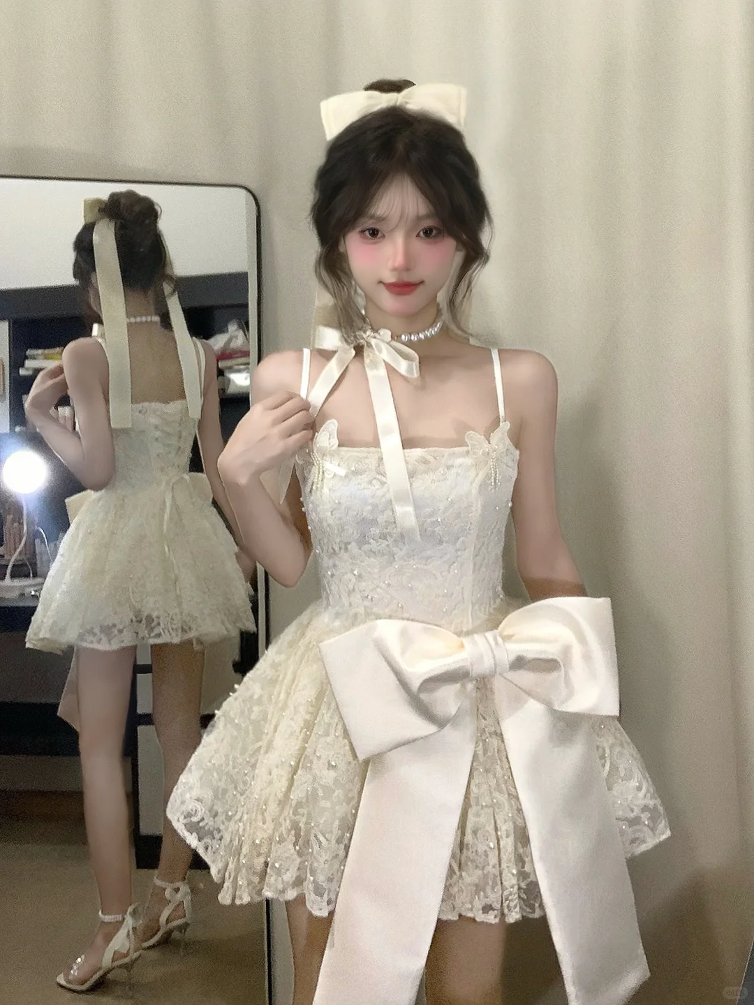 Pretty A Line Sapghetti Straps Lace With Bow Short Homecoming Dress 18th Birthday Outfits C4459