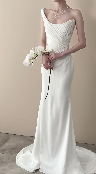Elegant Mermaid One Shoulder Satin Pleated Long Wedding Dresses C4470