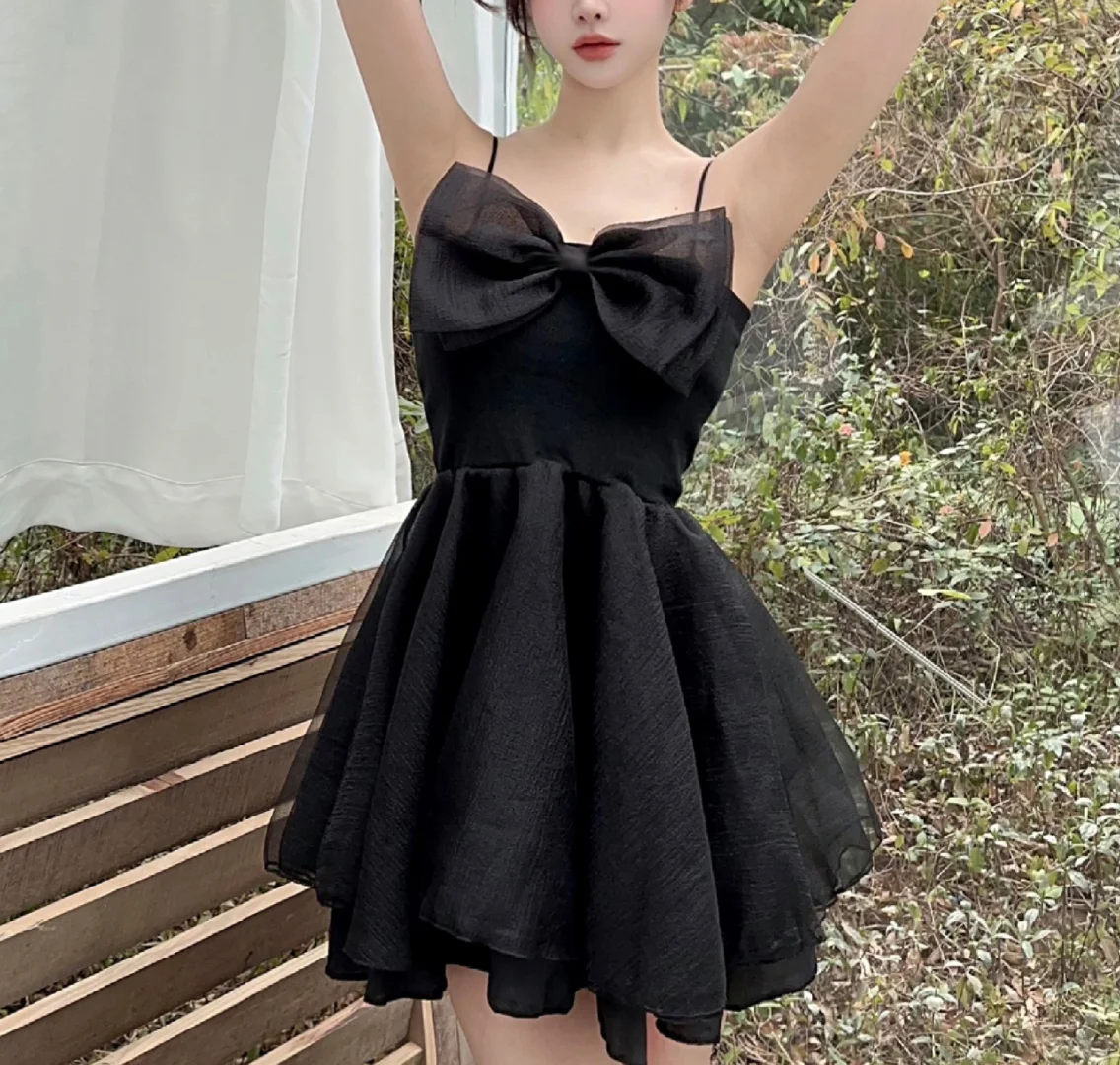 Cute A Line Spaghetti Straps Black Satin Chiffon Bow Short Homecoming Dress 16th Birthday Outfits C4516