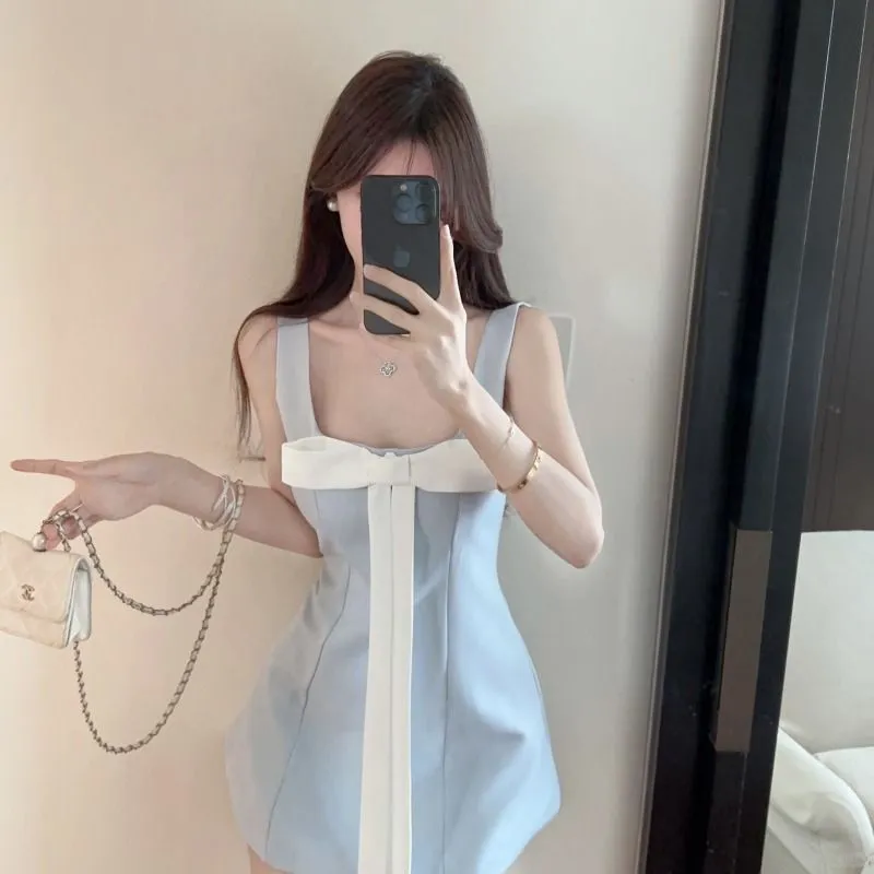 Cute Pale Blue A Line Square Satin Bow Short Homecoming Dress 16th Birthday Outfits C4518