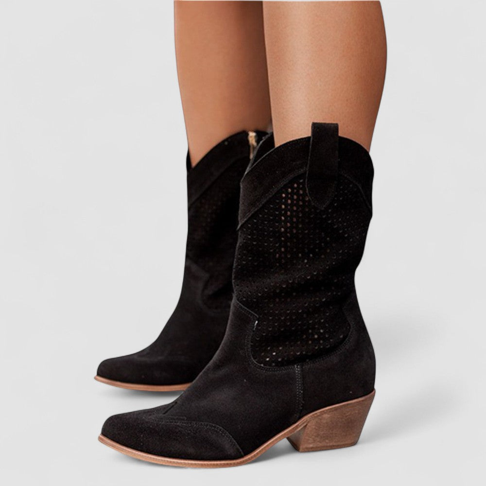 Perforated Cut Out Block Heel Western Boots