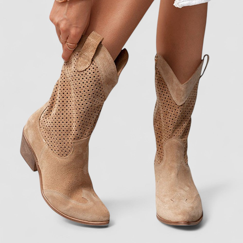 Perforated Cut Out Block Heel Western Boots