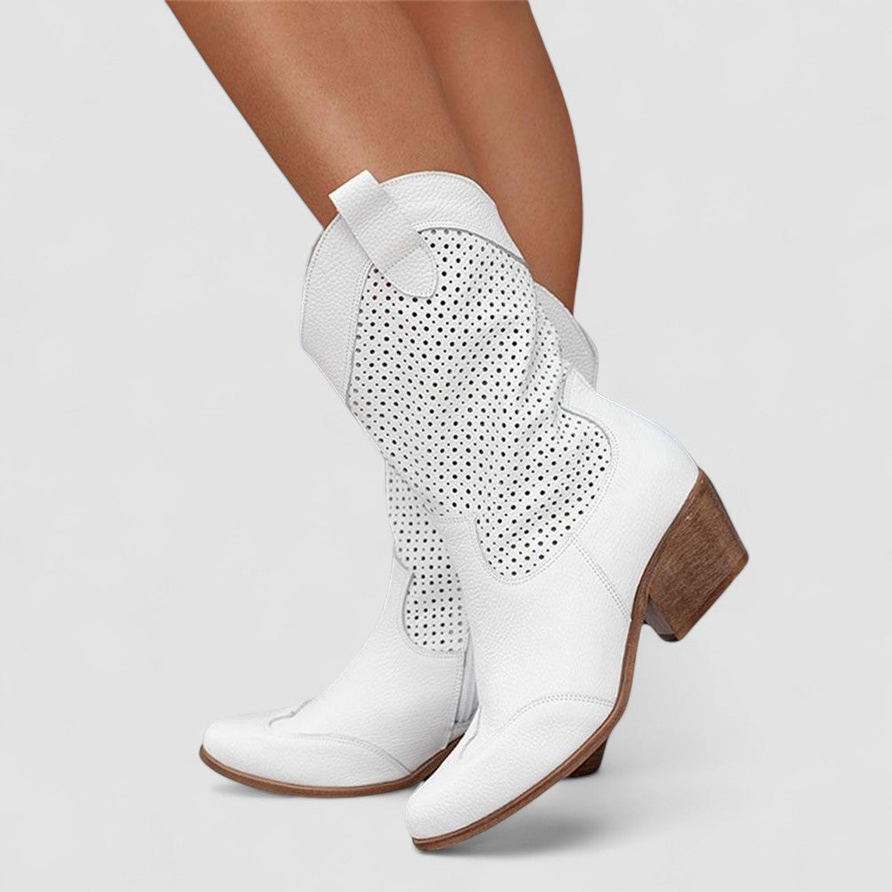 Perforated Cut Out Block Heel Western Boots