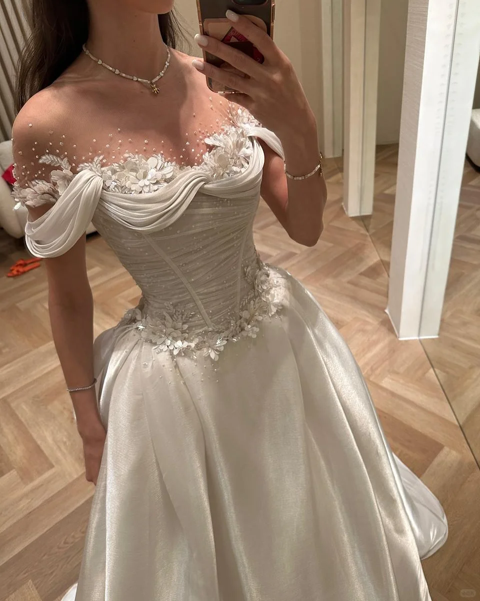 Gorgeous Ball Gown Off The Shoulder Satin Beads Flowers Long Wedding Dresses C4542