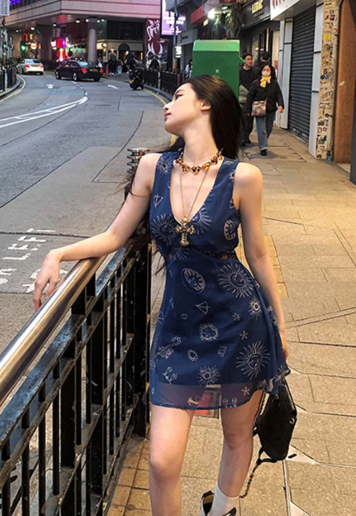 Navy A Line V Neck Satin Chiffon Printed Short Homecoming Dress Birthday Outfits C4545