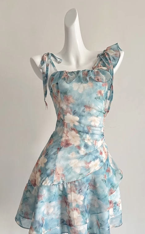 Chic A Line Spaghetti Straps Chiffon Printed Short Homecoming Dress 19th Birthday Outfits C4548