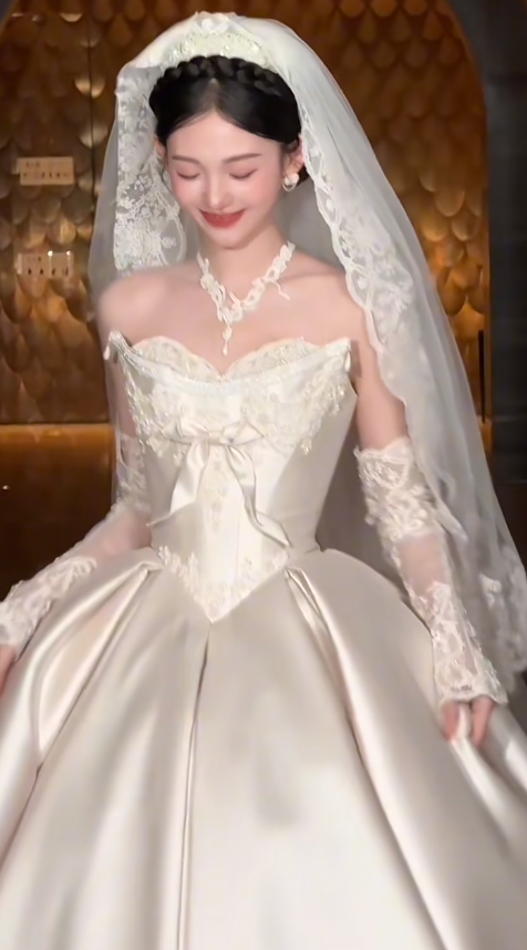 Timeless Ball Gown Strapless Satin Applique With Veil Sleeves Long Wedding Dresses C4554