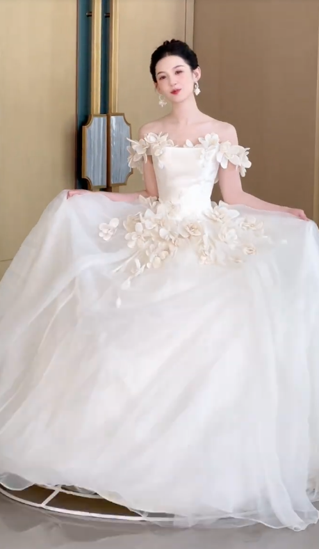 Style Classy Ball Gown Off The Shoulder Satin Tulle Applique Long Wedding Dresses C4560