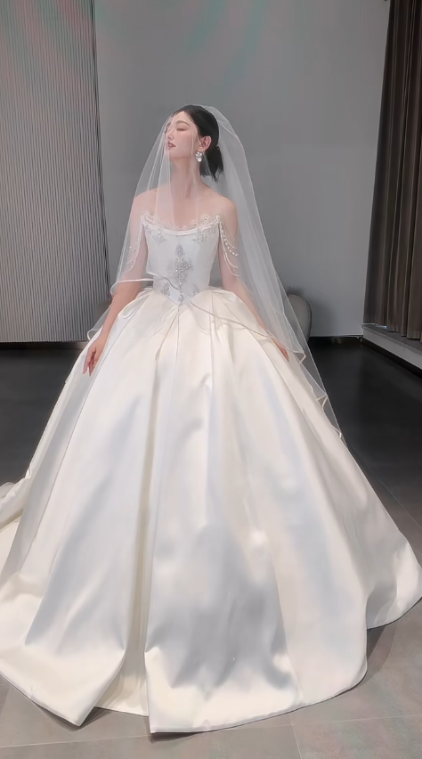 Timeless Ball Gown Off The Shoulder Satin Beads With Veil Long Wedding Dresses C4564