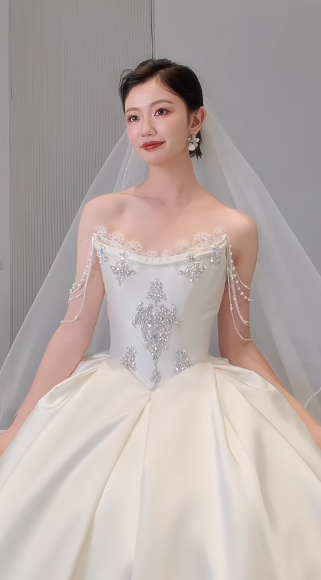 Timeless Ball Gown Off The Shoulder Satin Beads With Veil Long Wedding Dresses C4564