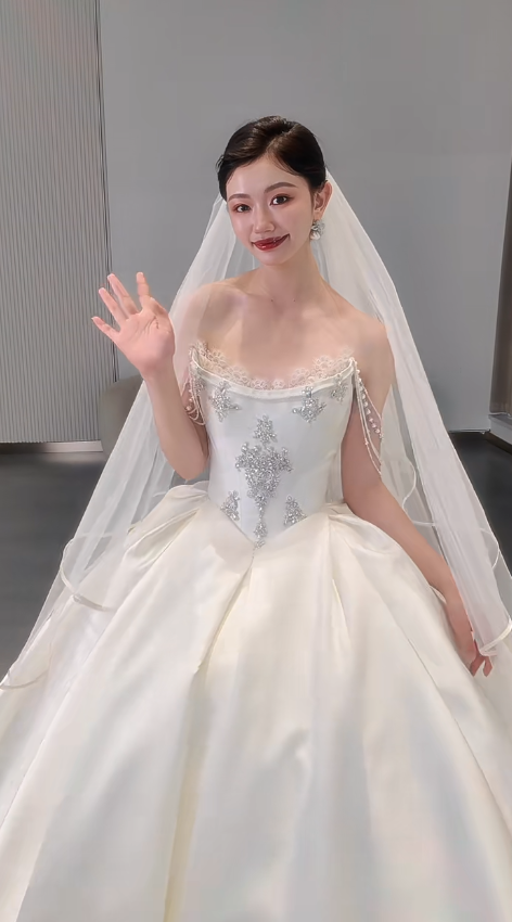 Timeless Ball Gown Off The Shoulder Satin Beads With Veil Long Wedding Dresses C4564