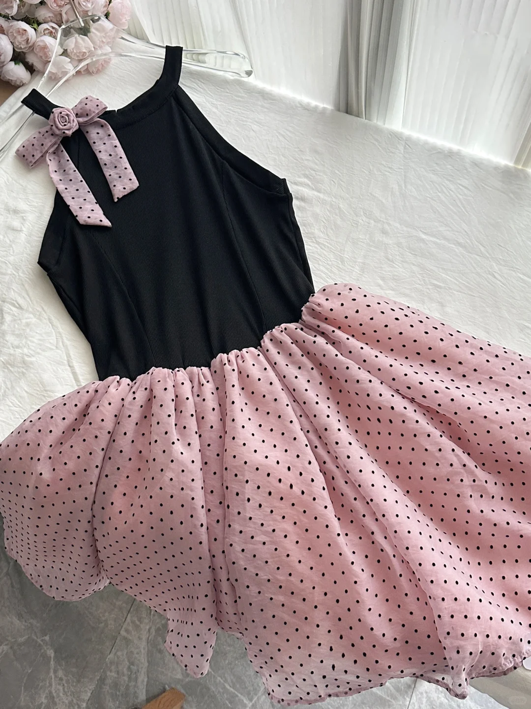 Chic 19th A Line Halter Satin Chiffon Polka Dots Short Homecoming Dress Birthday Outfits C4586