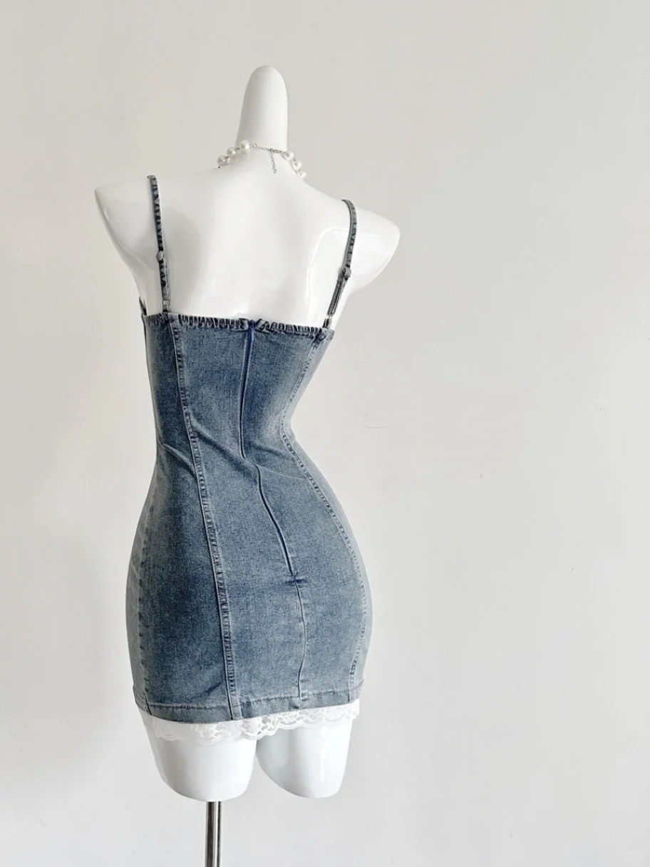 Chic 18th Mermaid Spaghetti Straps Denim Satin Lace Short Homecoming Dress Birthday Outfits C4600