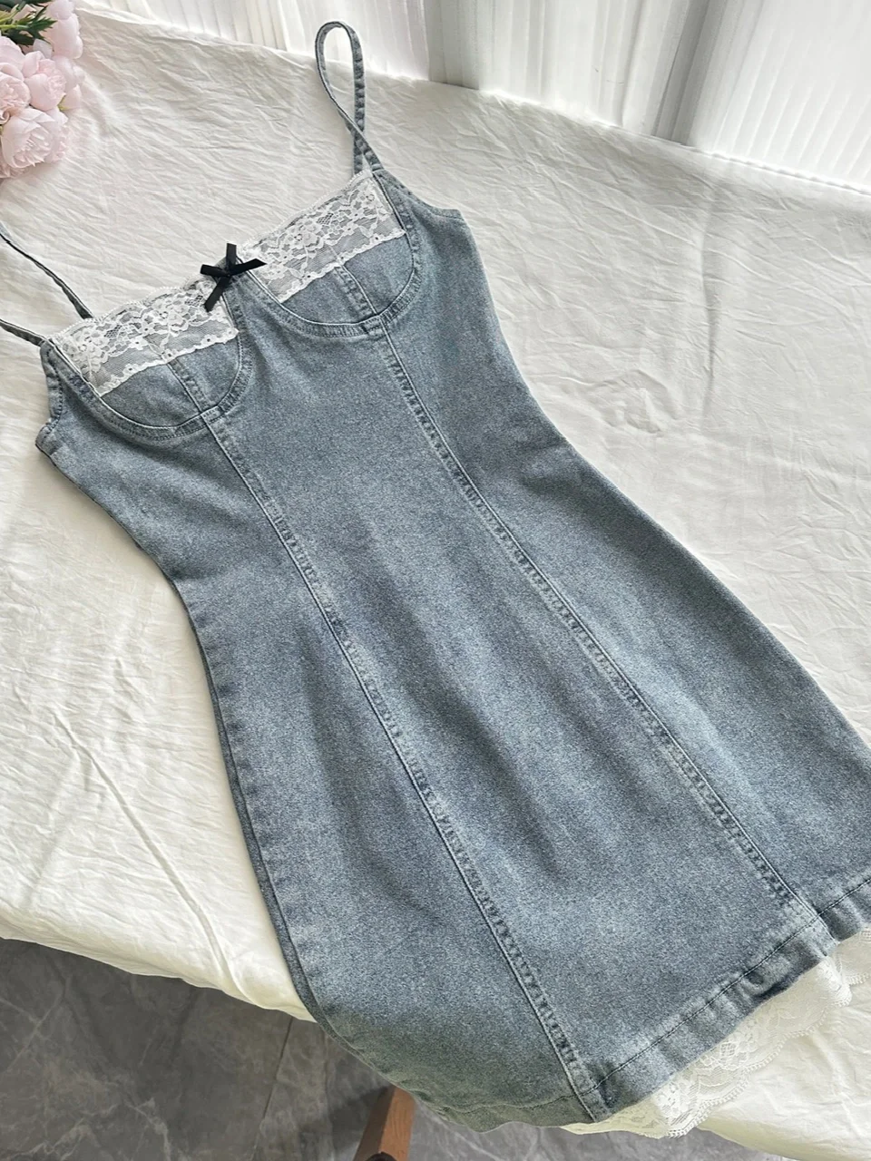 Chic 18th Mermaid Spaghetti Straps Denim Satin Lace Short Homecoming Dress Birthday Outfits C4600