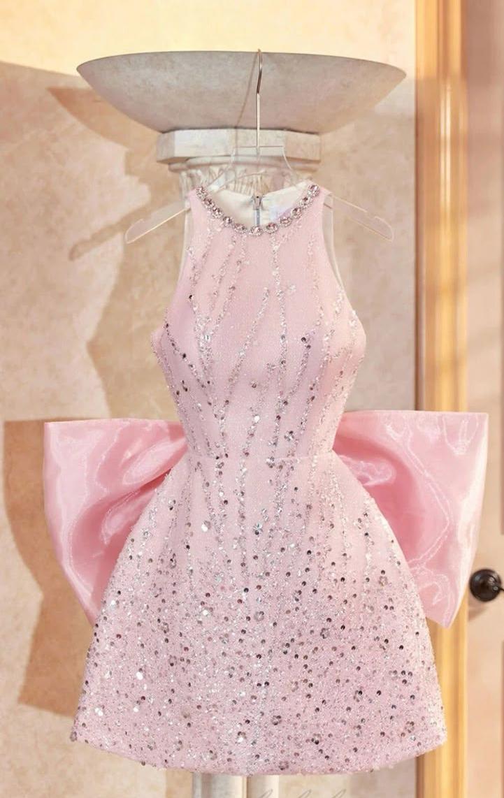 Cute Pink A Line Halter Satin Sequin Short Homecoming Dress Birthday Outfits C4605