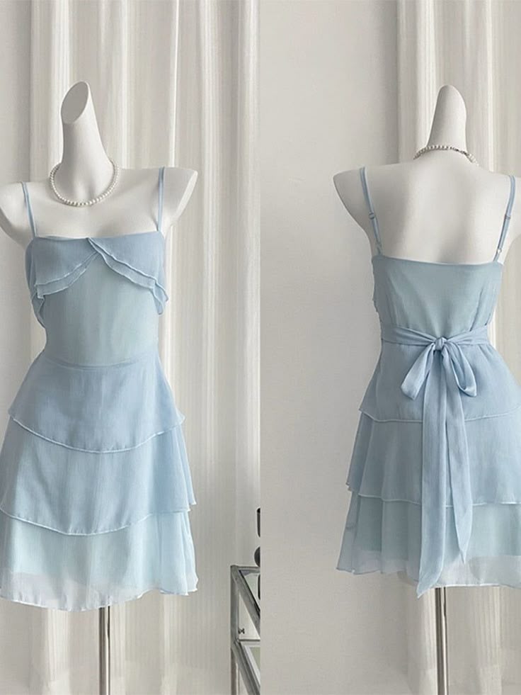 Cute Pale Blue A Line Spaghetti Straps Chiffon Tiered Short Homecoming Dress 17th Birthday Outfits C4618