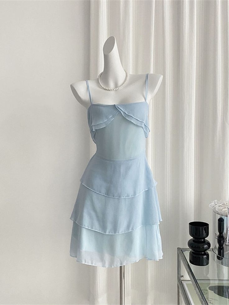 Cute Pale Blue A Line Spaghetti Straps Chiffon Tiered Short Homecoming Dress 17th Birthday Outfits C4618
