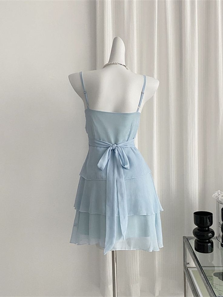 Cute Pale Blue A Line Spaghetti Straps Chiffon Tiered Short Homecoming Dress 17th Birthday Outfits C4618