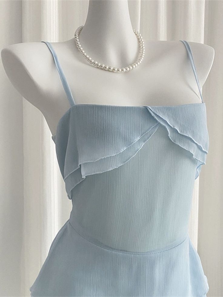 Cute Pale Blue A Line Spaghetti Straps Chiffon Tiered Short Homecoming Dress 17th Birthday Outfits C4618