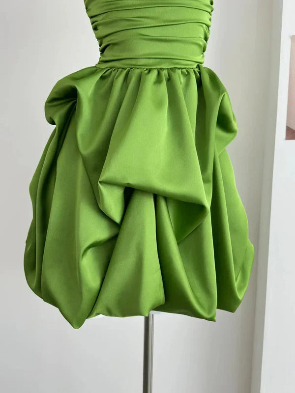 Chic A Line Strapless Green Satin Pleated Short Homecoming Dress 18th Birthday Outfits C4623