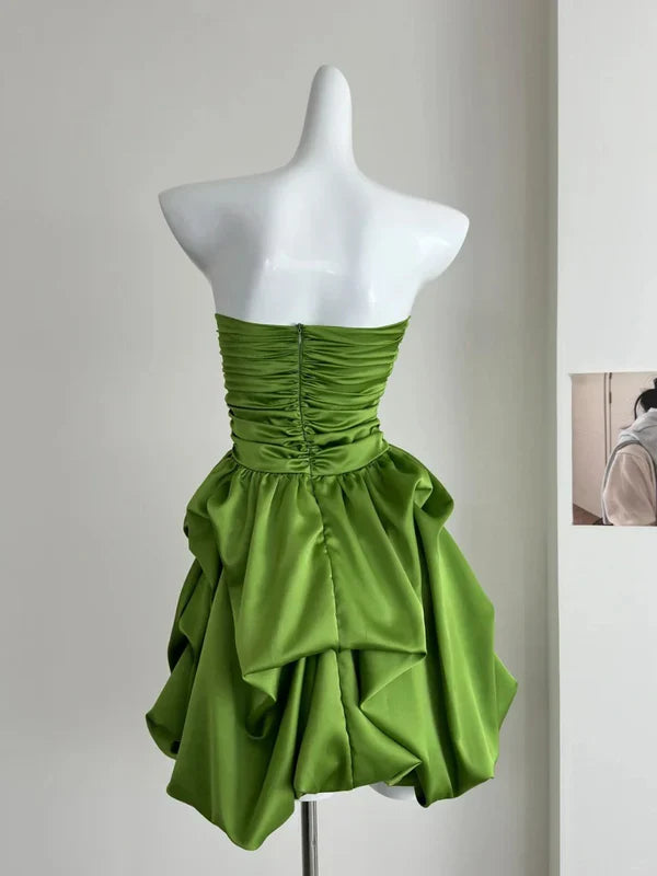 Chic A Line Strapless Green Satin Pleated Short Homecoming Dress 18th Birthday Outfits C4623