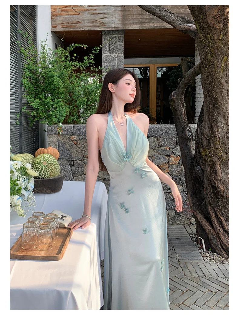 Chic A Line Halter Satin Chiffon Long Prom Dresses Formal Dress C4643