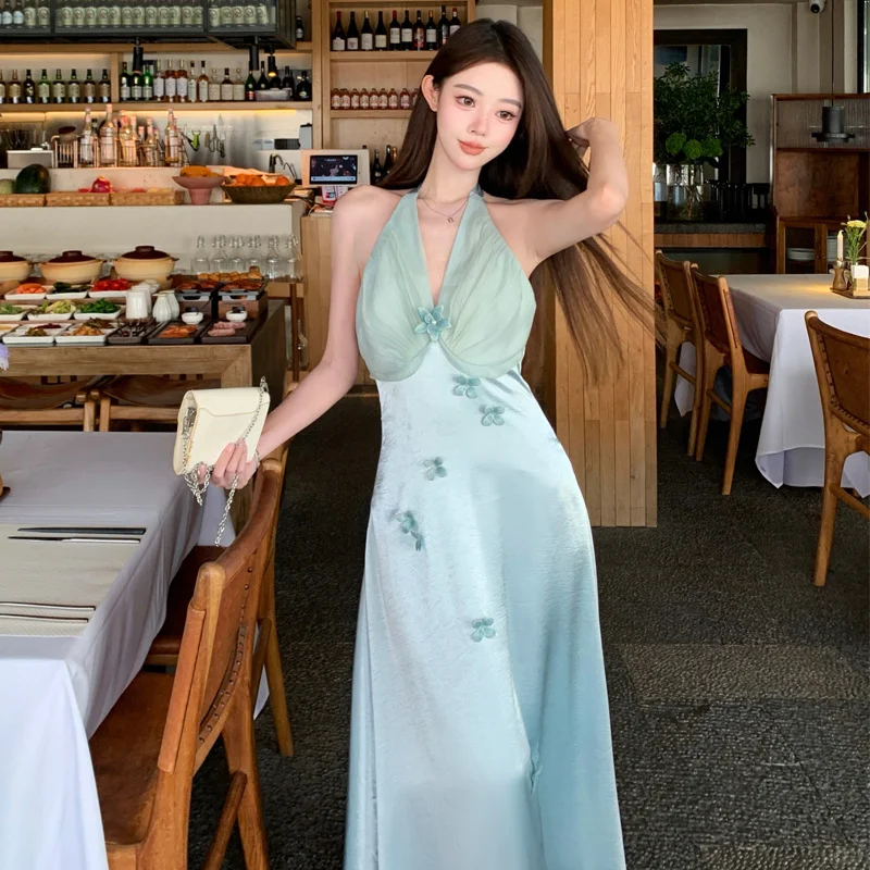 Chic A Line Halter Satin Chiffon Long Prom Dresses Formal Dress C4643