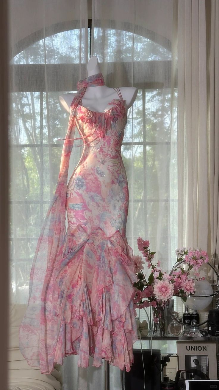 Stunning Mermaid Spaghetti Straps Chiffon Printed Long Prom Dresses Formal Dress C4645