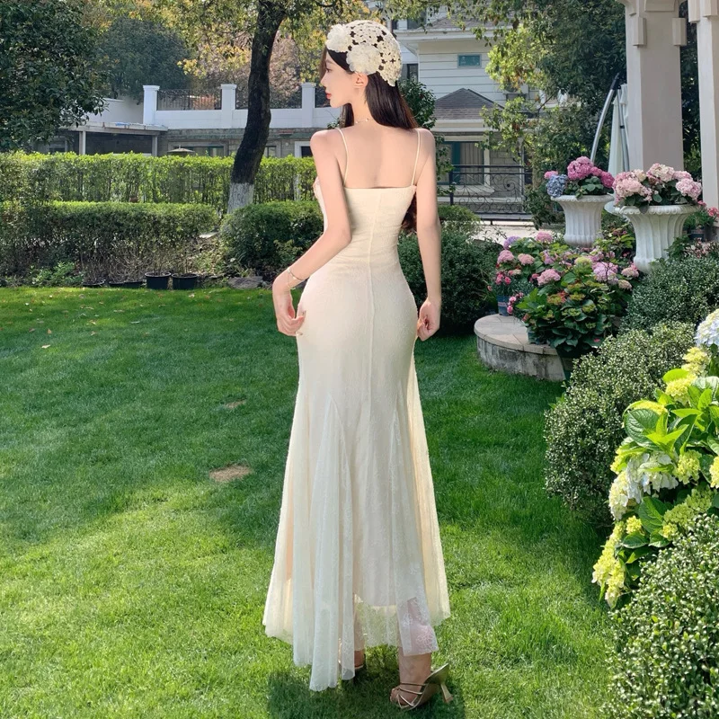 Charming Mermaid Spaghetti Straps Satin Lace Applique Long Prom Dresses Formal Dress C4649