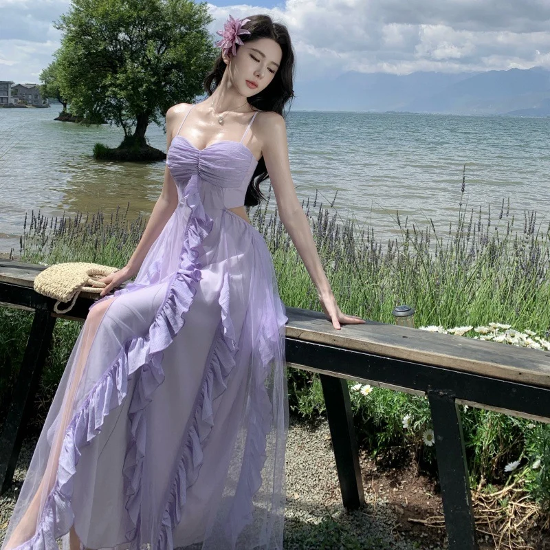 Lilac A Line Spaghetti Straps Satin Tulle Ruffles Long Prom Dresses Formal Dress C4651