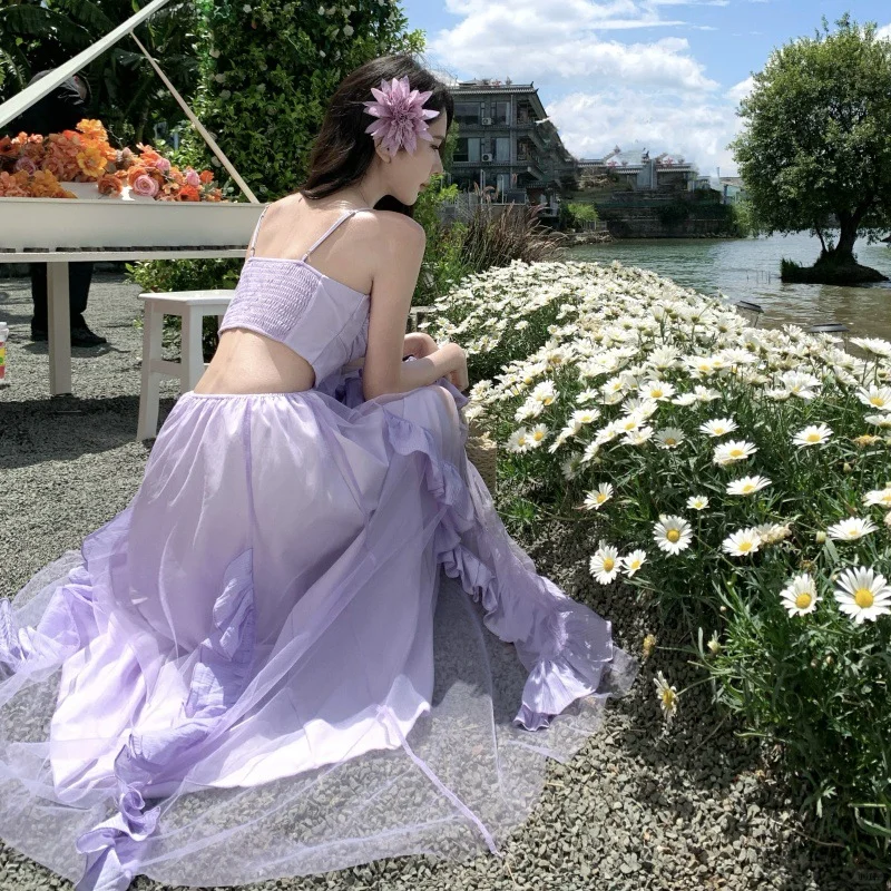 Lilac A Line Spaghetti Straps Satin Tulle Ruffles Long Prom Dresses Formal Dress C4651