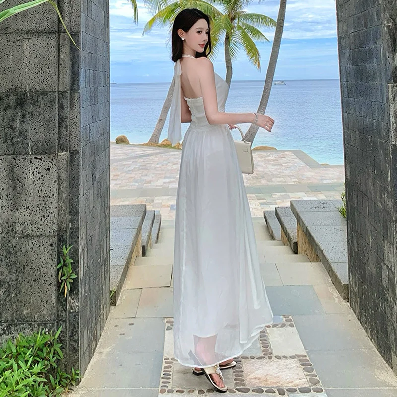 Elegant White A Line Halter Chiffon Long Prom Dresses Formal Dress C4652