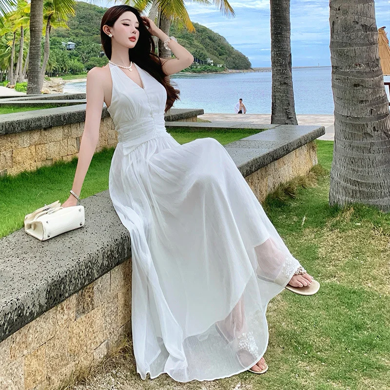 Elegant White A Line Halter Chiffon Long Prom Dresses Formal Dress C4652