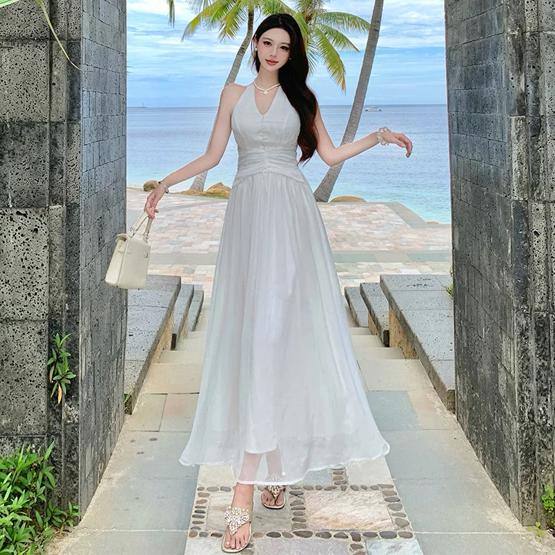 Elegant White A Line Halter Chiffon Long Prom Dresses Formal Dress C4652