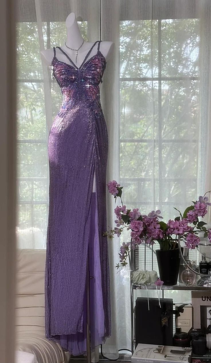 Gorgeous Mermaid Spaghetti Straps Purple Satin Sequin Long Prom Dresses Formal Dress C4653